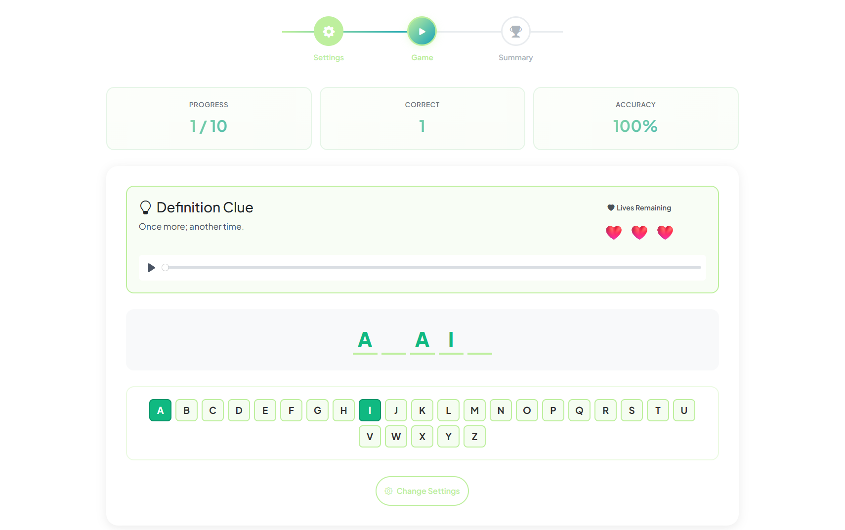 Clue Builder game interface showing word building with definition clues