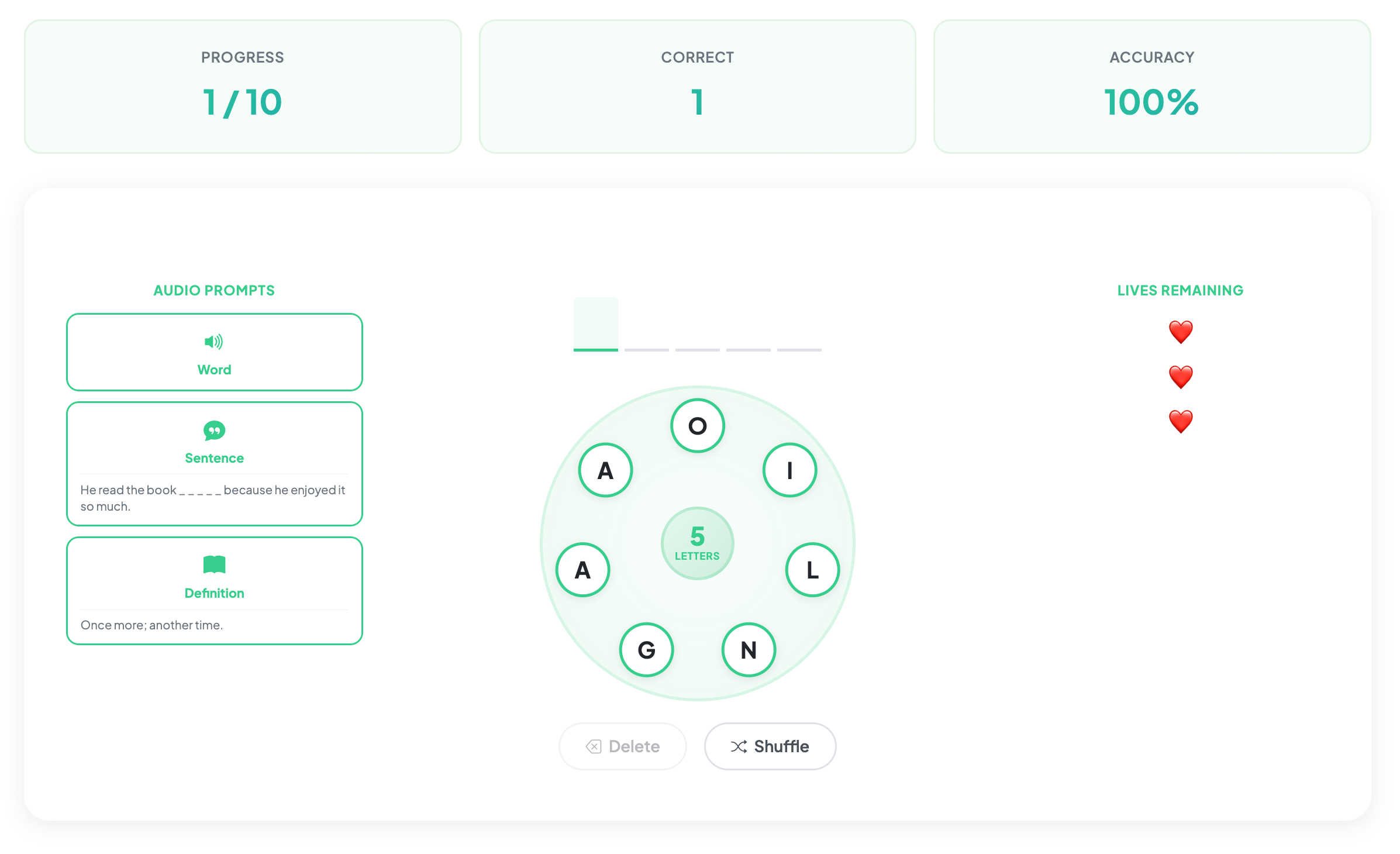 Letter Wheel game interface showing circular letter puzzle