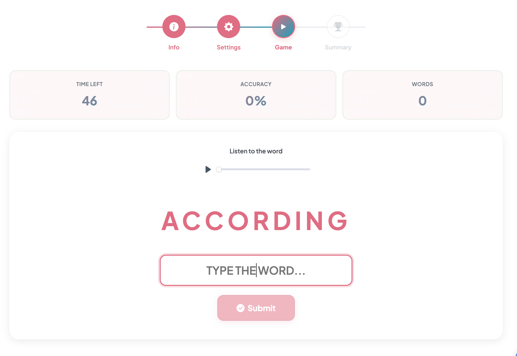 Speed Spelling game interface showing timed spelling challenge