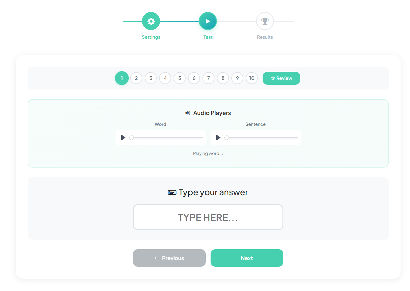 Spelling Test interface showing audio dictation with sentence context
