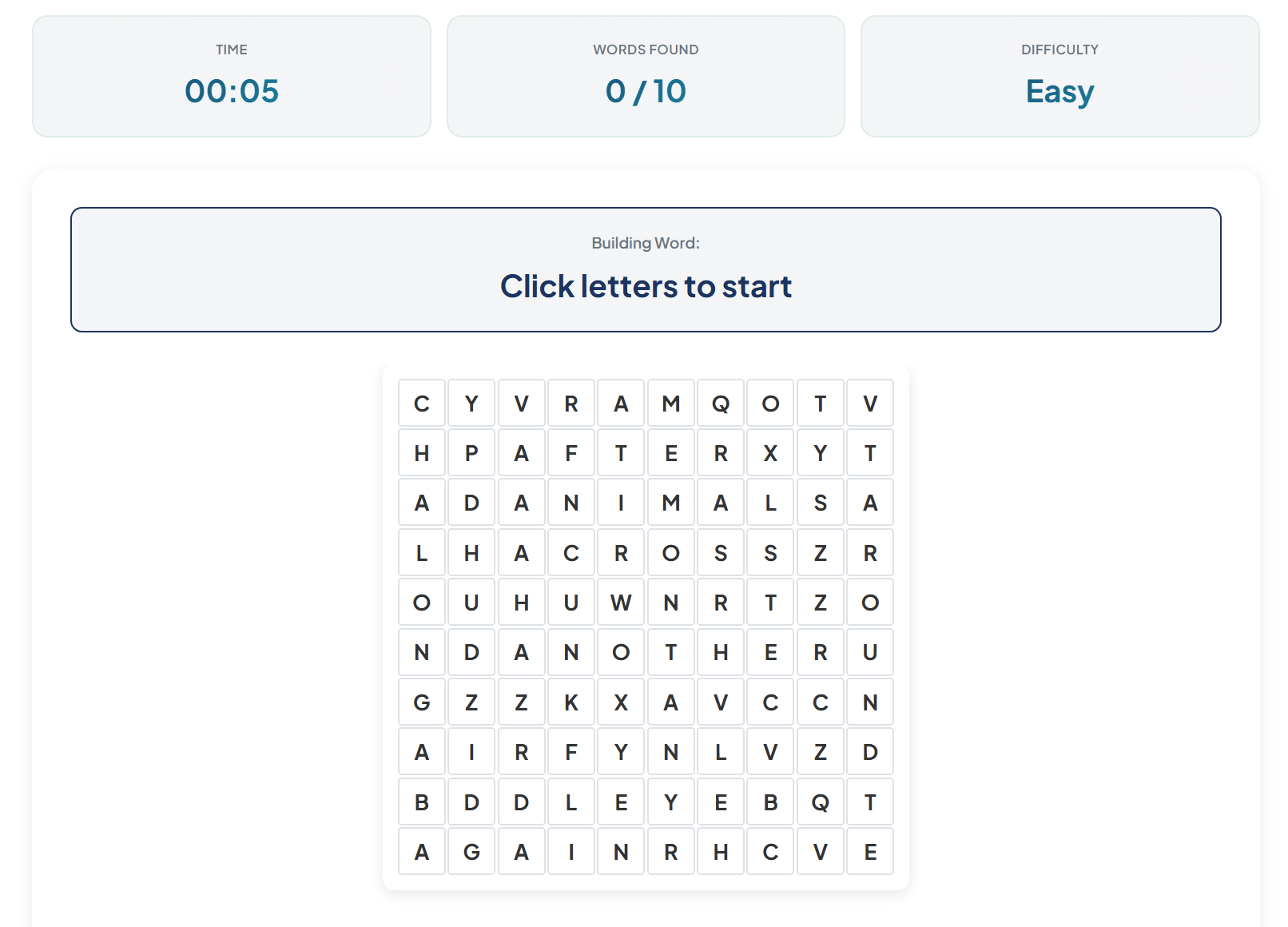Word Search puzzle interface showing interactive grid